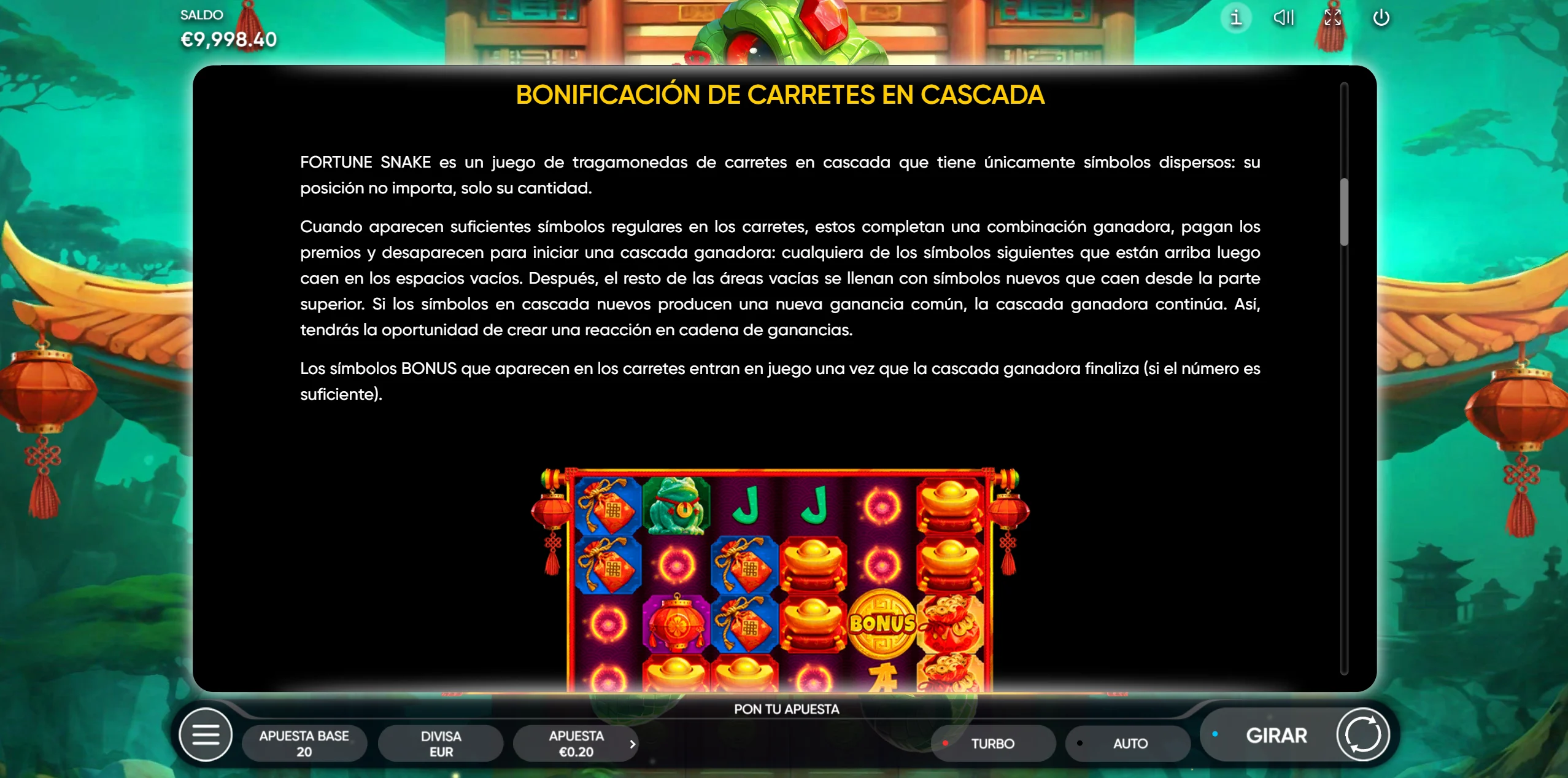 Fortune Snake — reglas de los carretes en cascada
