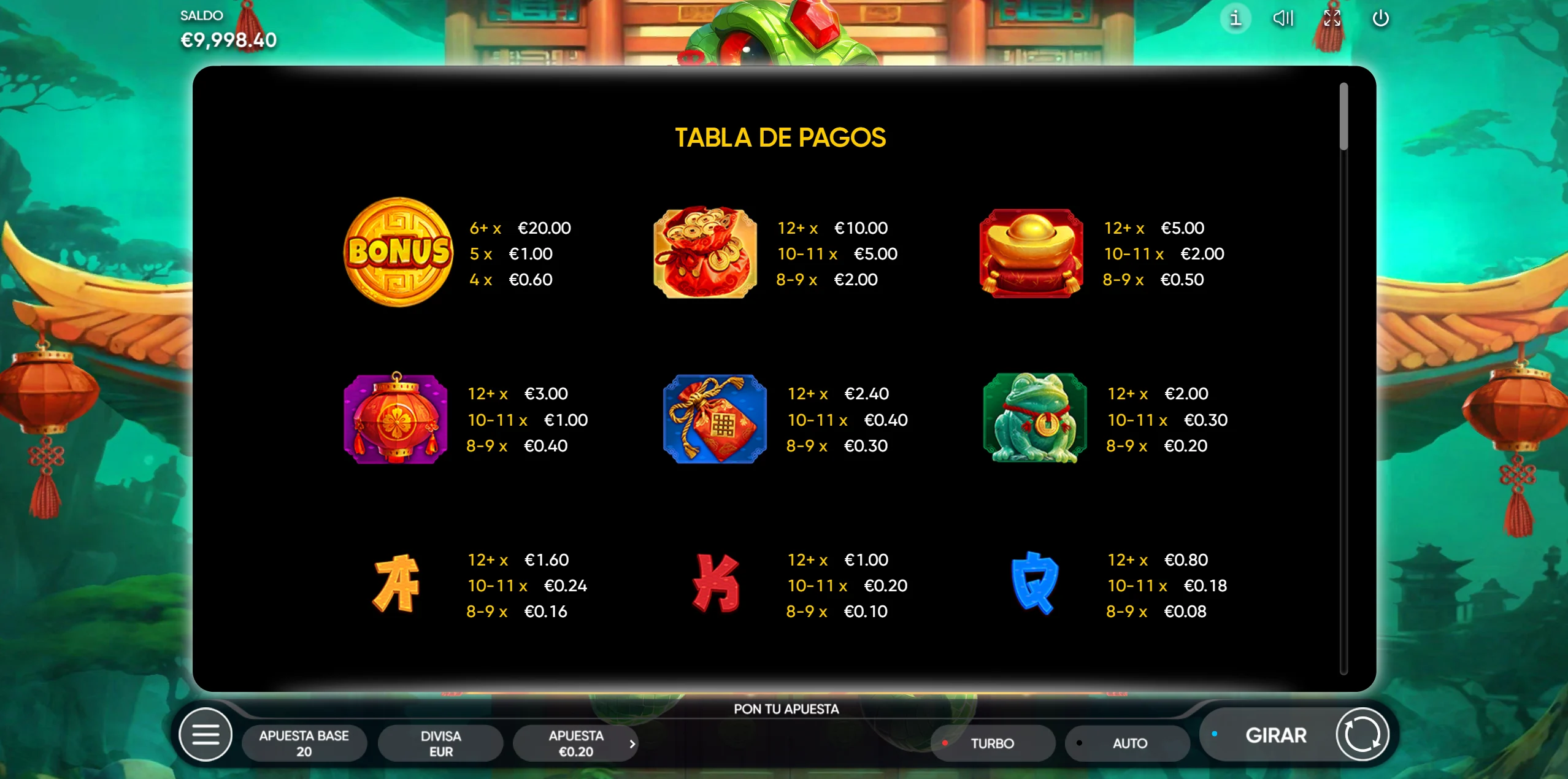 Fortune Snake — pantalla de la tabla de pagos